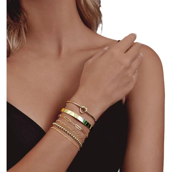 Gold Bracelets Set 18K 14K Real Gold Plated Copper Waterproof Cuff Jewelry - Picture 3 of 7